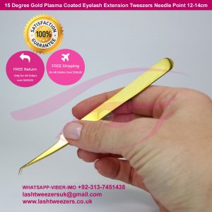 15 Degree Gold Plasma Coated Eyelash Extension Tweezers Needle Point 12-14cm