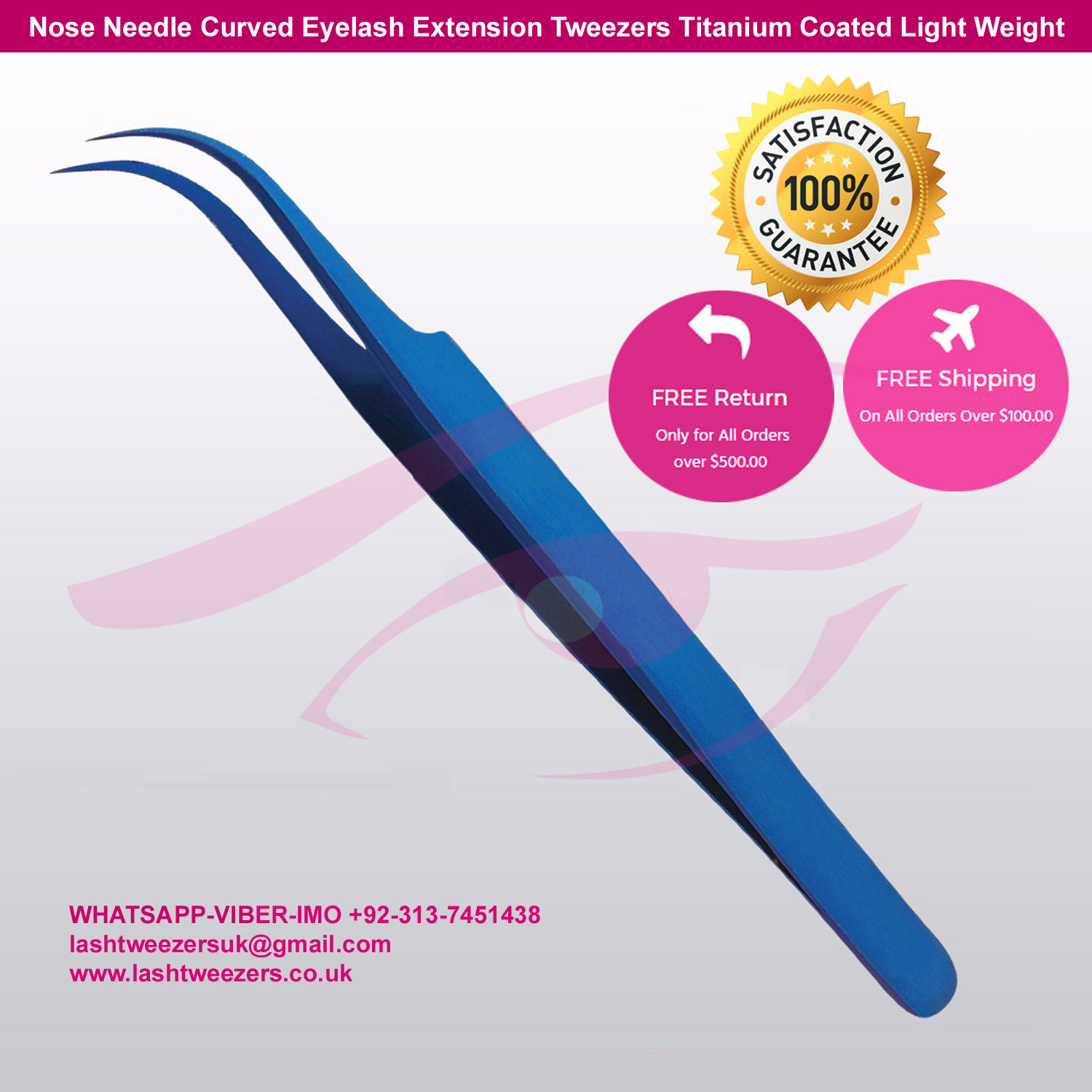 Nose Needle Curved Eyelash Extension Tweezers Titanium Coated Light Weight