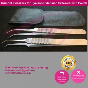 Dumont Tweezers For Eyelash Extension angled and curved with pouch