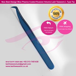 New Best Design Blue Plasma Coated Russian Volume Lash Tweezers L Type Tip