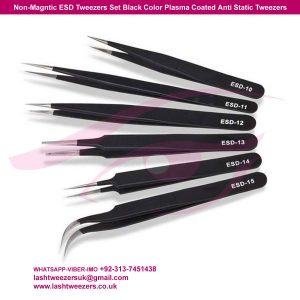 Non-Magntic ESD Tweezers Set Black Color Plasma Coated Anti Static Tweezers