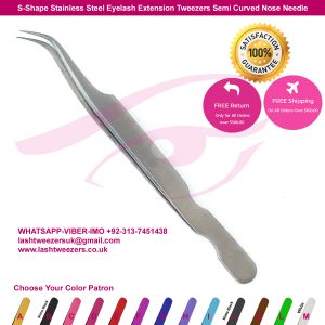 S-Shape Stainless Steel Eyelash Extension Tweezers Semi Curved Nose Needle