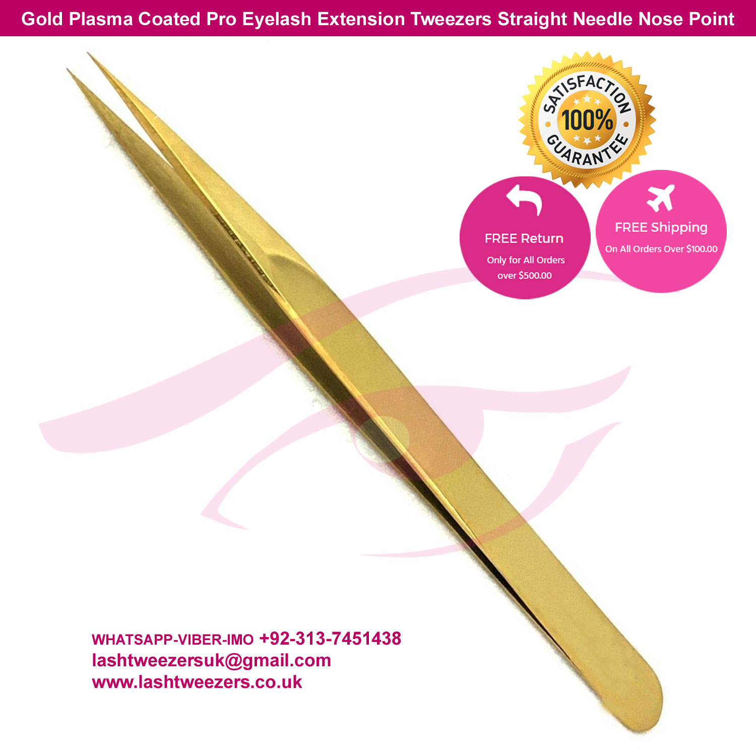 Gold Plasma Coated Pro Eyelash Extension Tweezers Straight Needle Nose Point Gold Plasma Coated Pro Eyelash Extension Tweezers Straight Needle Nose Point