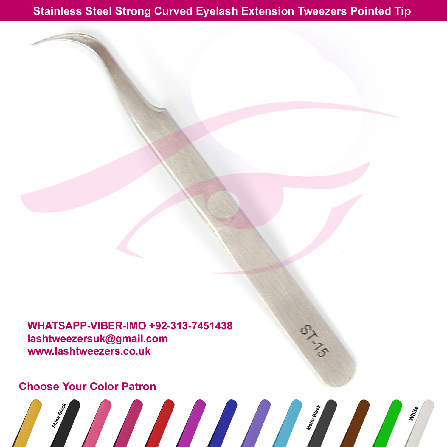 Stainless Steel Strong Curved Eyelash Extension Tweezers Pointed Tip