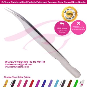 S-Shape Stainless Steel Eyelash Extension Tweezers Semi Curved Nose Needle